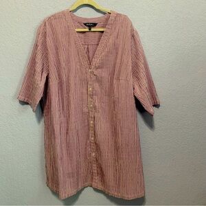 Ulla Popken Button Up Short Sleeve Stripe Crinkle Top